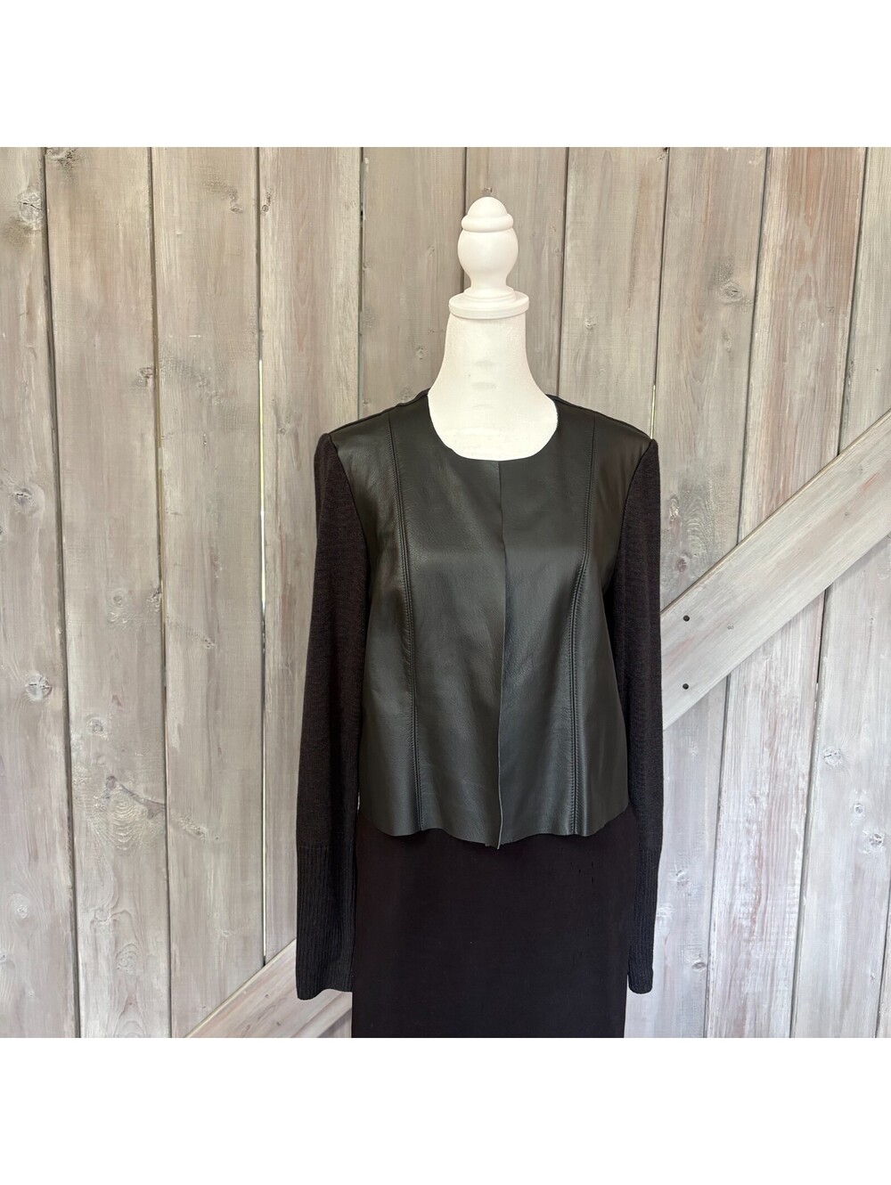 Women blazer black leather front&knit sleeves designer Iris Setlakwe work/night